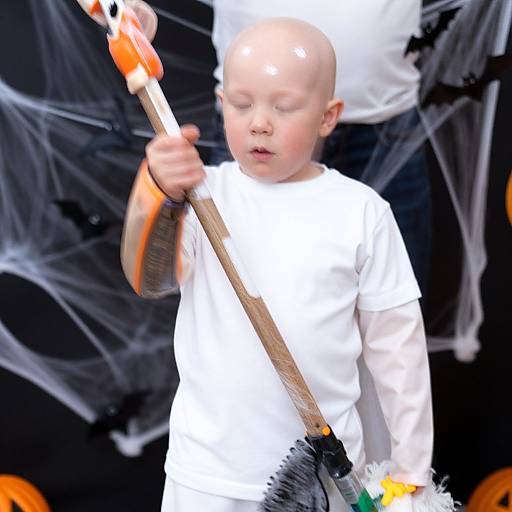 Photograph of a bald, fair-skinned baby in a white shirt holding an orange-handled broomstick amidst black spider webs. Baby has a