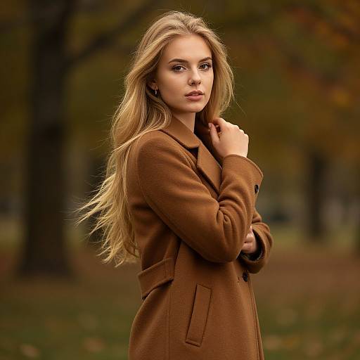 Photograph of a blonde woman with long hair, wearing a brown coat, standing in an autumn forest, looking directly at the camera.
