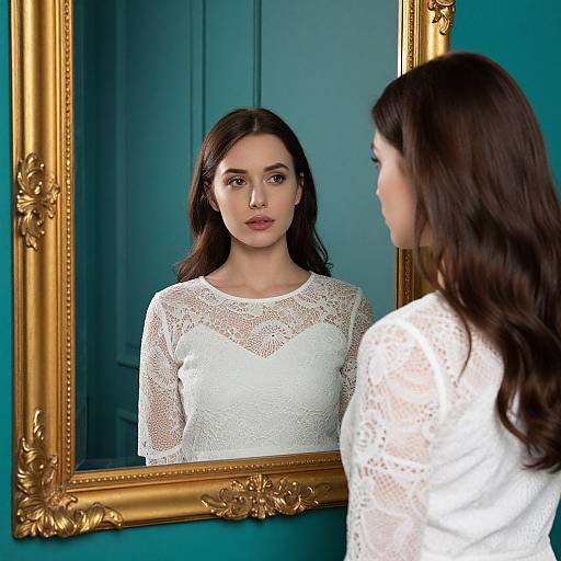 Photograph of a woman with long brown hair, wearing a white lace dress, standing in front of an ornate gold-framed mirror, reflecting her