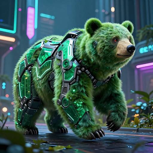 CGI image of a cybernetic green bear with glowing neon panels on its fur, walking in a futuristic, neon-lit cityscape.