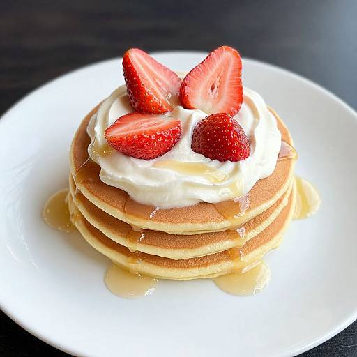 Photograph of a stack of golden pancakes topped with creamy white whipped cream and fresh, vibrant red strawberry slices on a white plate.