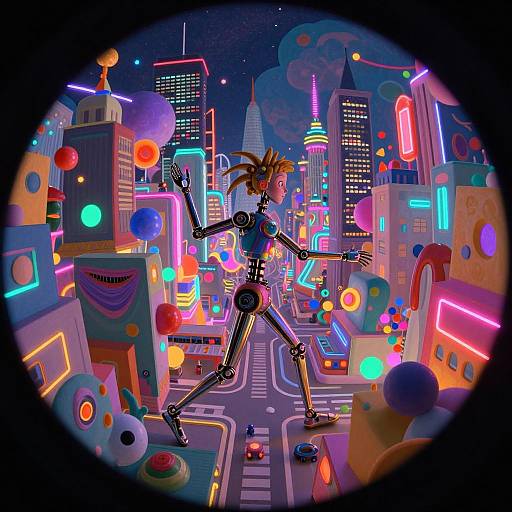 Neon-lit, cyberpunk-style digital art of a robotic girl with brown hair and a ponytail, dancing in a colorful, futuristic cityscape