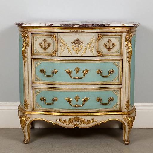 Photograph of an ornate, vintage-style, turquoise and gold-finished chest of drawers with intricate carvings, brass handles, and marble top
