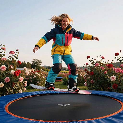 Joyful Snowboarder in Rose Garden