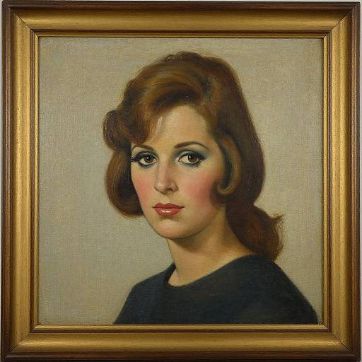 Digital painting of a 1950s-style woman with red hair, dark eyeliner, red lipstick, and black top, in a gold framed portrait