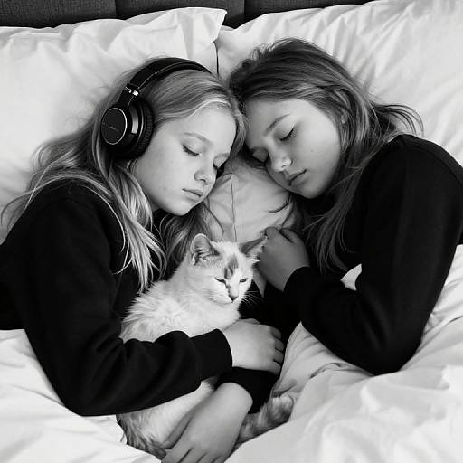 Black-and-white photograph of two young women with long hair, wearing headphones and dark tops, sleeping beside a fluffy cat in white bed sheets.