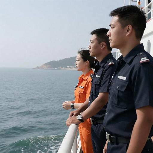 Sunlit Crew Gazing at Hazy Coastline