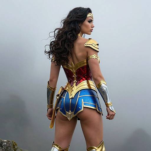 Photograph of Wonder Woman in iconic costume: red and gold top, blue and gold armor skirt, gold armlets, standing with back to camera,
