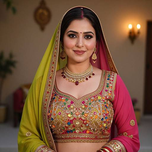Photograph of a smiling South Asian bride in a vibrant yellow-green and pink traditional lehenga, adorned with intricate gold embroidery and colorful gemstones, wearing