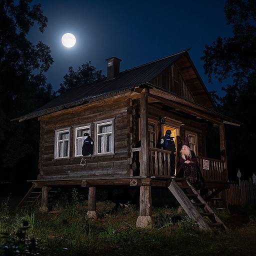 Photograph of a wooden cabin at night, moonlit, with two people standing on the porch. One person leans against the railing, the other stands