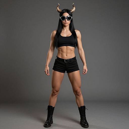 Photograph of a muscular woman with long black hair, wearing black horns, sunglasses, crop top, shorts, and boots, standing confidently against a gray
