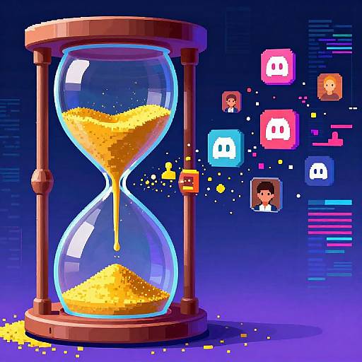 Digital pixel art of a glowing hourglass with golden sand, surrounded by floating user icons and colorful symbols on a dark blue background.