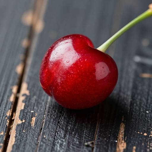 Close-up photograph of a shiny, red cherry with water droplets, resting on a weathered, dark blue wooden surface.