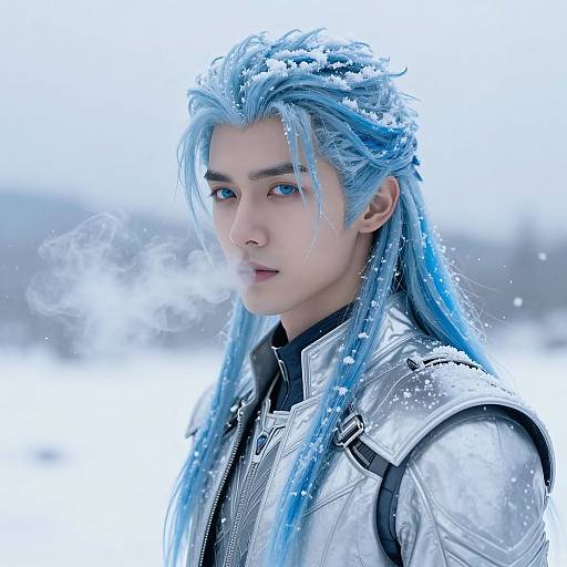 Photorealistic digital artwork of a young man with long, icy blue hair, wearing a silver armored jacket, standing in a snowy landscape. His expression