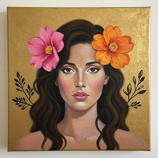 Digital painting of a woman with long brown hair, pink and orange flowers in her hair, golden background, and black leaf accents.