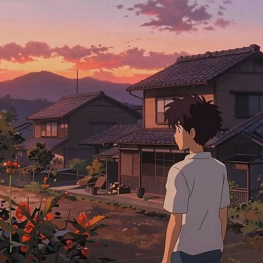 Anime-style drawing of a young boy with spiky black hair, wearing a white shirt, standing in a suburban Japanese neighborhood at sunset, surrounded by blo