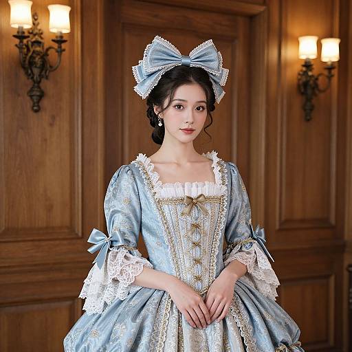 Photograph of an East Asian woman with fair skin, black hair, and blue eyes, wearing an elaborate blue Victorian-style dress with lace and bows,