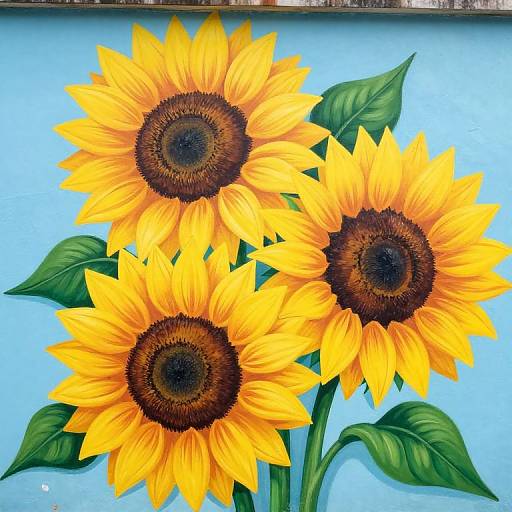 Photograph of vibrant, realistic sunflower painting with three large, yellow sunflowers and green leaves against a light blue background.