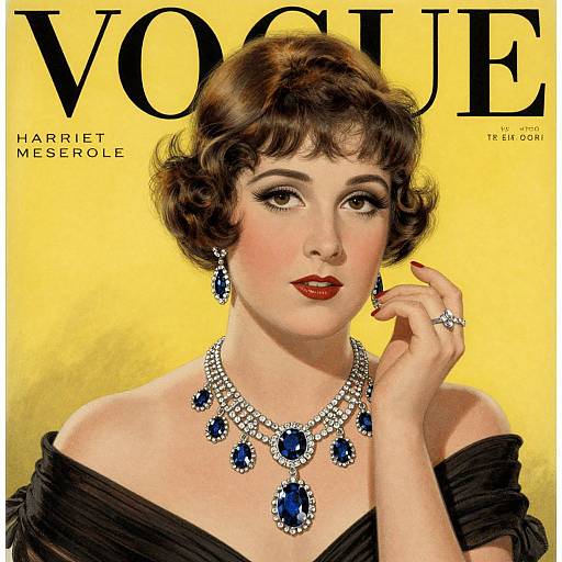 Vogue magazine cover featuring Harriet Meldrum in vintage style, with short brown curls, red lipstick, blue diamond necklace, and off-should