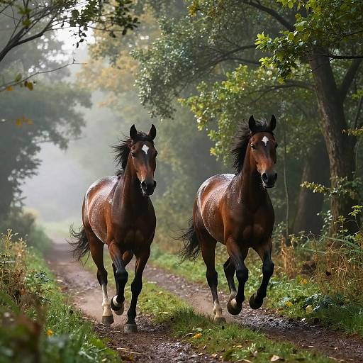 Morgans Galloping Through Misty Forest