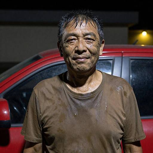 Smiling Man with Red Car at Night