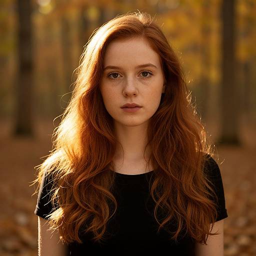 Photograph of a young red-haired woman with wavy hair, wearing a black top, standing in a sunlit autumn forest, with golden leaves and