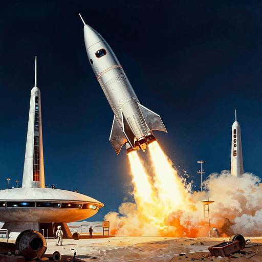 Photograph of a silver rocket launching, emitting bright orange flames and smoke, with two tall white rockets and a circular spacecraft in the background under a deep