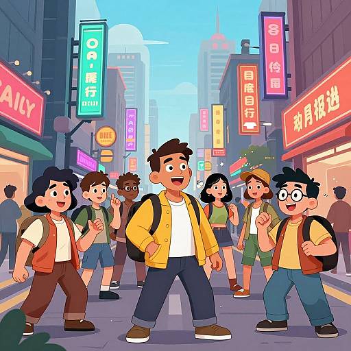 Cartoon-style digital illustration of diverse group of young people walking through a vibrant, neon-lit urban street at dusk.