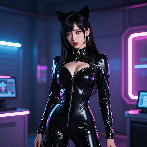 Futuristic Cat-Eared Woman in Neon