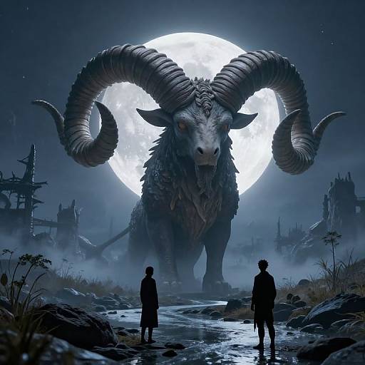 Digital artwork of a massive, horned monster with glowing eyes, under a full moon, silhouetted by two small human figures in a fog