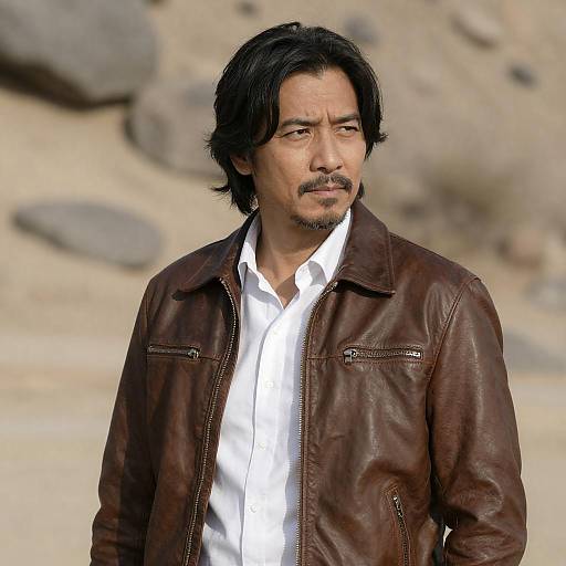 Middle-aged man in brown leather jacket in desert