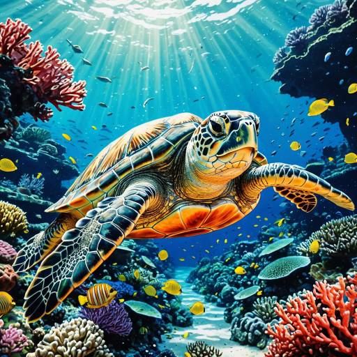 Joyful Sea Turtle Swimming Through Coral Reef