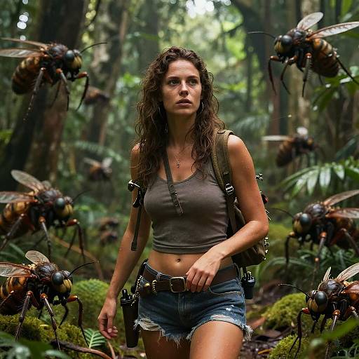 Photograph of a determined woman with curly brown hair, wearing a gray tank top and denim shorts, surrounded by large, menacing insects in a dense,