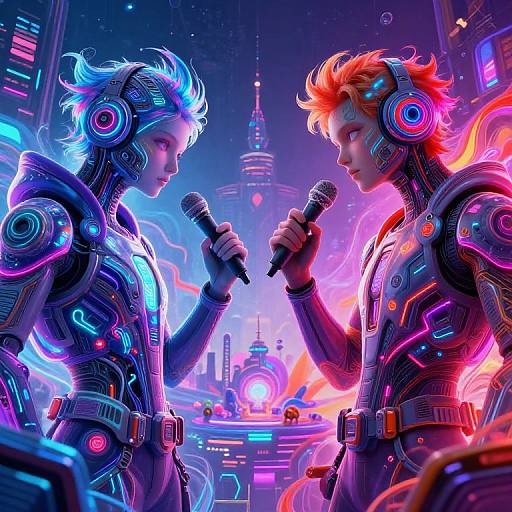 Digital artwork of two futuristic, neon-lit, cybernetic musicians with colorful hair, holding microphones, in a vibrant, neon-lit city