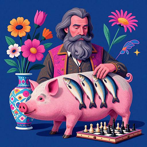 Colorful digital illustration of a bearded man in ornate jacket, placing fish on a pig, beside a flower vase and chessboard.