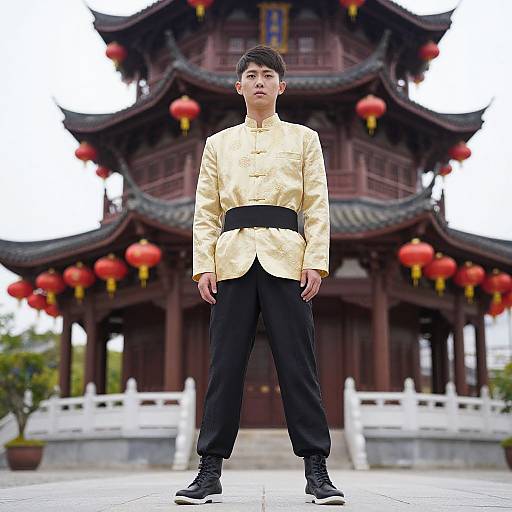 Photograph of a young Asian man in a gold and black traditional Chinese martial arts outfit, standing confidently in front of a traditional Chinese temple with red lantern