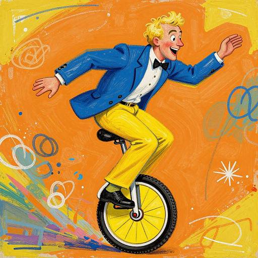 Colorful cartoon of a joyful, blonde man in a blue jacket and yellow pants, balancing on a yellow bicycle, against an orange, abstract background with