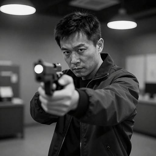 Asian Man Pointing Gun in Dim Room