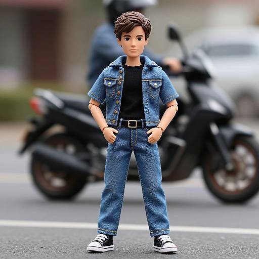 Photograph of a brown-haired LEGO minifigure in blue denim outfit, black shirt, and black sneakers, standing on a street with a blurred black