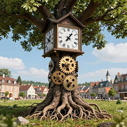 Photorealistic CGI of a clock tree with brass gears, black Roman numerals, and a wooden house-shaped clock face, set in a sunny,
