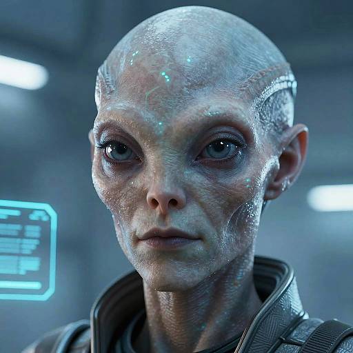 CGI close-up of a bald, alien humanoid with large, dark eyes and textured, blue-tinted skin, wearing a high-tech, dark