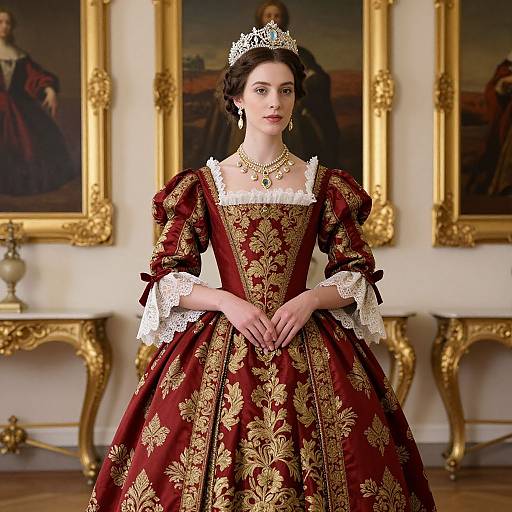 Photograph of a pale-skinned woman with dark hair, wearing a red and gold Renaissance-style gown, lace-trimmed sleeves, tiara,