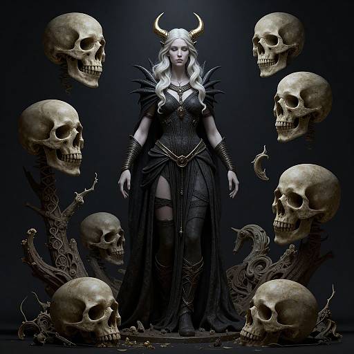 Digital art of a pale-skinned, blonde-haired female demon with horns, black dress, surrounded by floating skulls and dark tentacles.