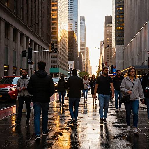 Photograph of a busy city street at sunset, with people walking on wet pavement, tall buildings reflecting light, and cars driving in the background.