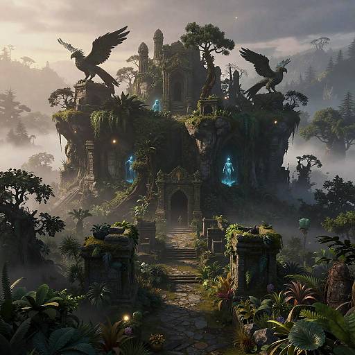 Fantasy CGI image of an enchanted, jungle-covered temple with glowing blue lights, surrounded by mist, ancient stone ruins, and large birds atop.