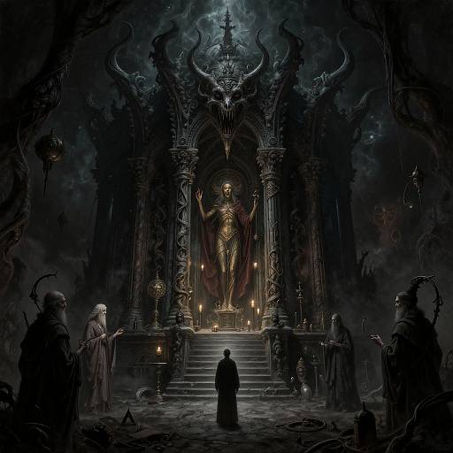 Digital painting of a dark, gothic cathedral with a central, glowing golden statue flanked by horned, demonic figures, and shadowy robed
