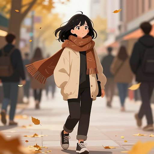 Anime-style digital drawing of a young woman with black hair, wearing a white coat, brown scarf, black pants, and black sneakers, walking in a
