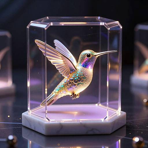 Photograph of a glowing, iridescent hummingbird figurine inside a clear, hexagonal glass cube with a white marble base, illuminated by purple