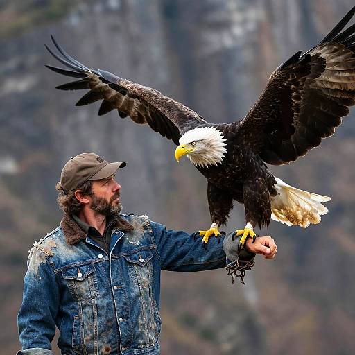 Photograph of a bearded man in a denim jacket and brown cap, holding a majestic bald eagle with outstretched wings. Mountainous background.