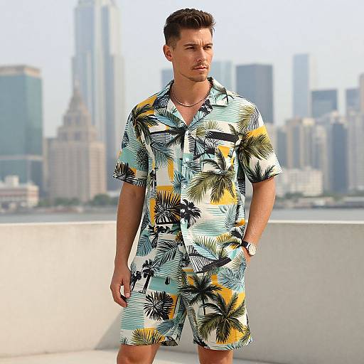 Photograph of a handsome young man with short brown hair, wearing a vibrant tropical-print short-sleeve shirt and shorts, standing against a city skyline
